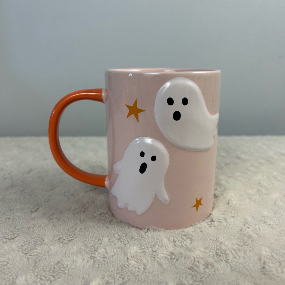 Aldi The Halloween Collection Ghost Coffee Mug Pink Orange White 16 oz Stars